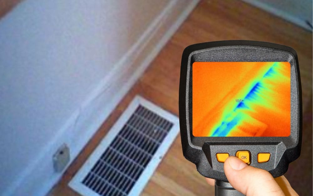 Caméra thermique pointée vers le bas d’un mur, l’écran révèle une zone froide le long de la plinthe